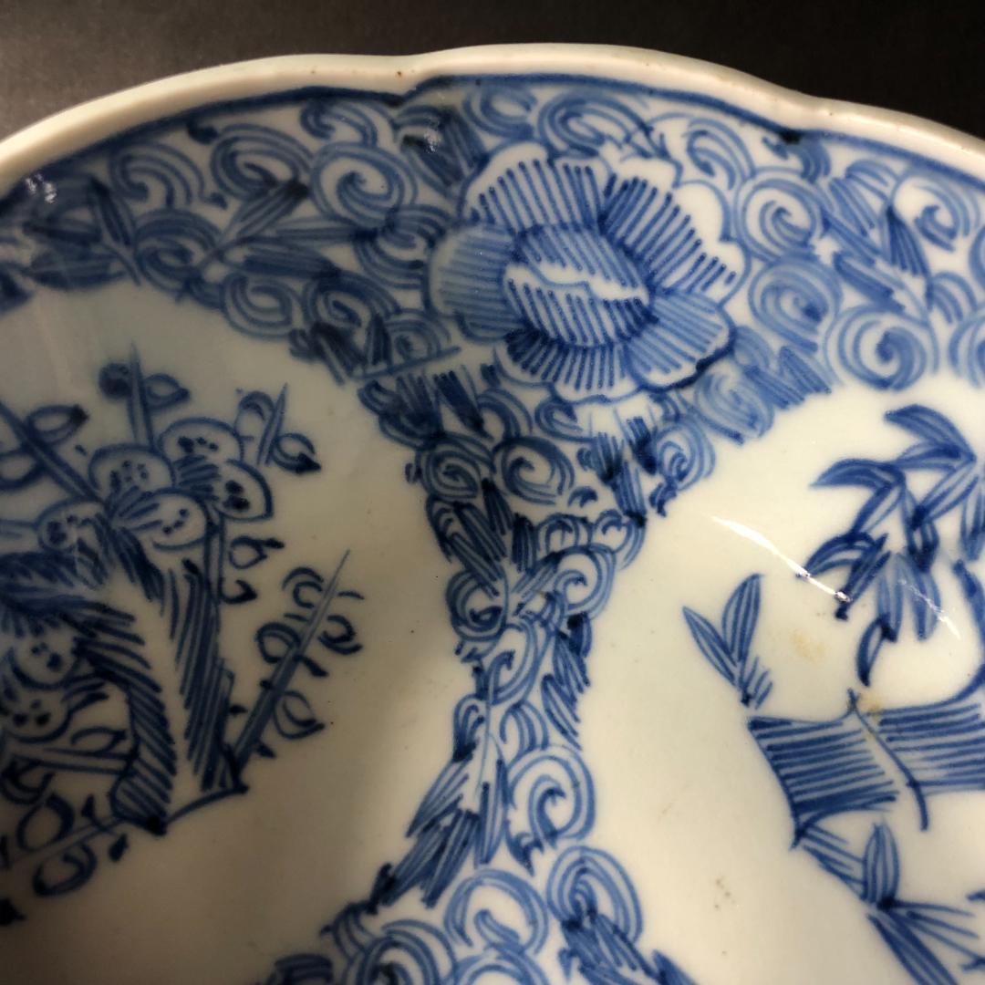 古伊万里　染付　微塵文様に丸文松竹梅文様　六寸鉢　輪花鉢　盛鉢