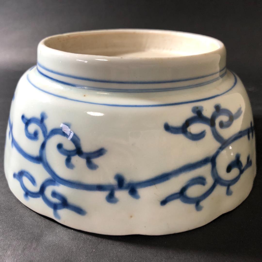 古伊万里　染付　微塵文様に丸文松竹梅文様　六寸鉢　輪花鉢　盛鉢