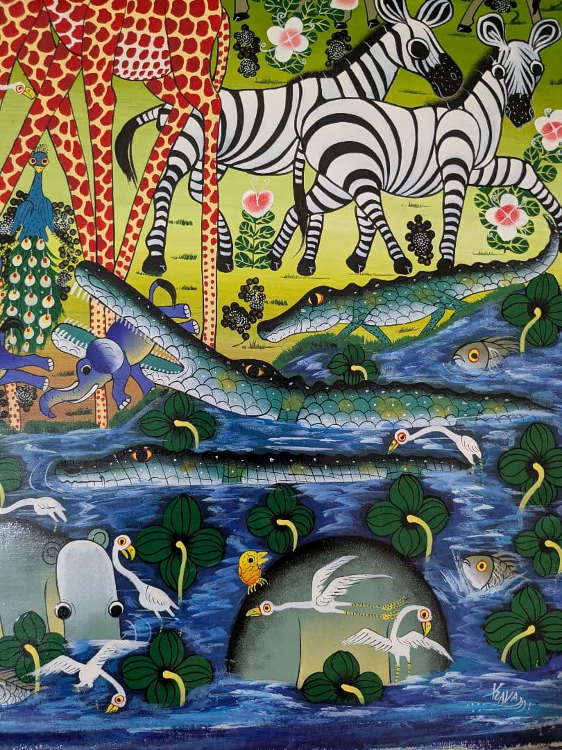 ●アフリカの絵画、ティンガティンガ、サバンナの動物達、80×100cm