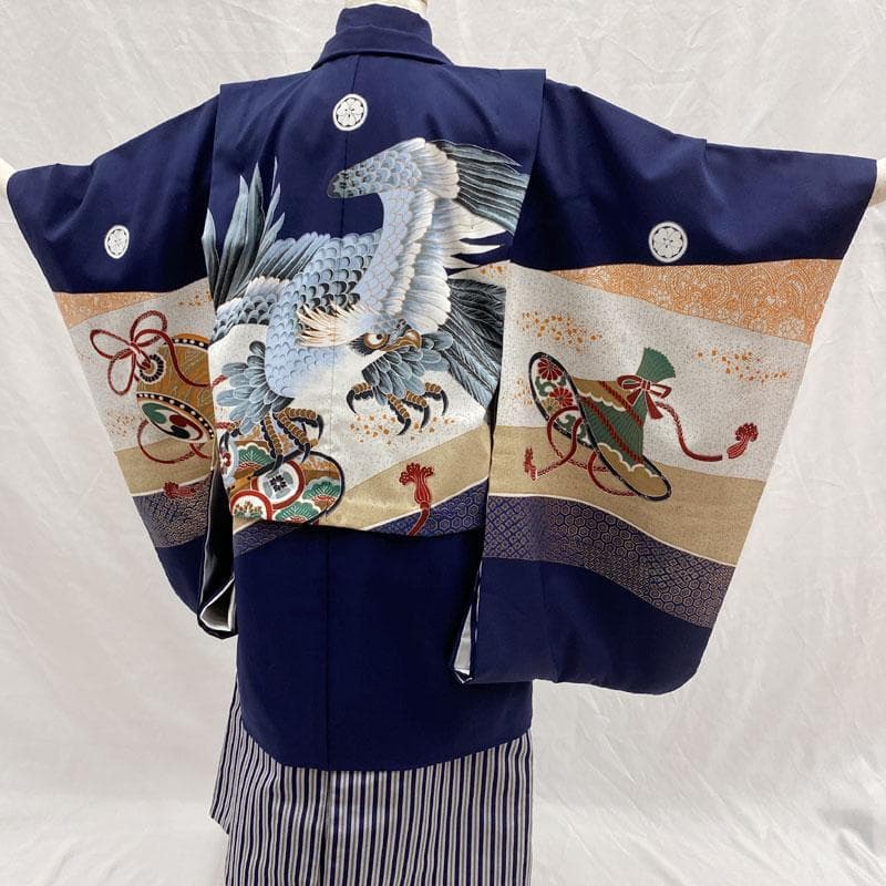 601ab50◎七五三 五歳 男児 着物&羽織&袴&角帯&長襦袢 鷹 濃紺◎