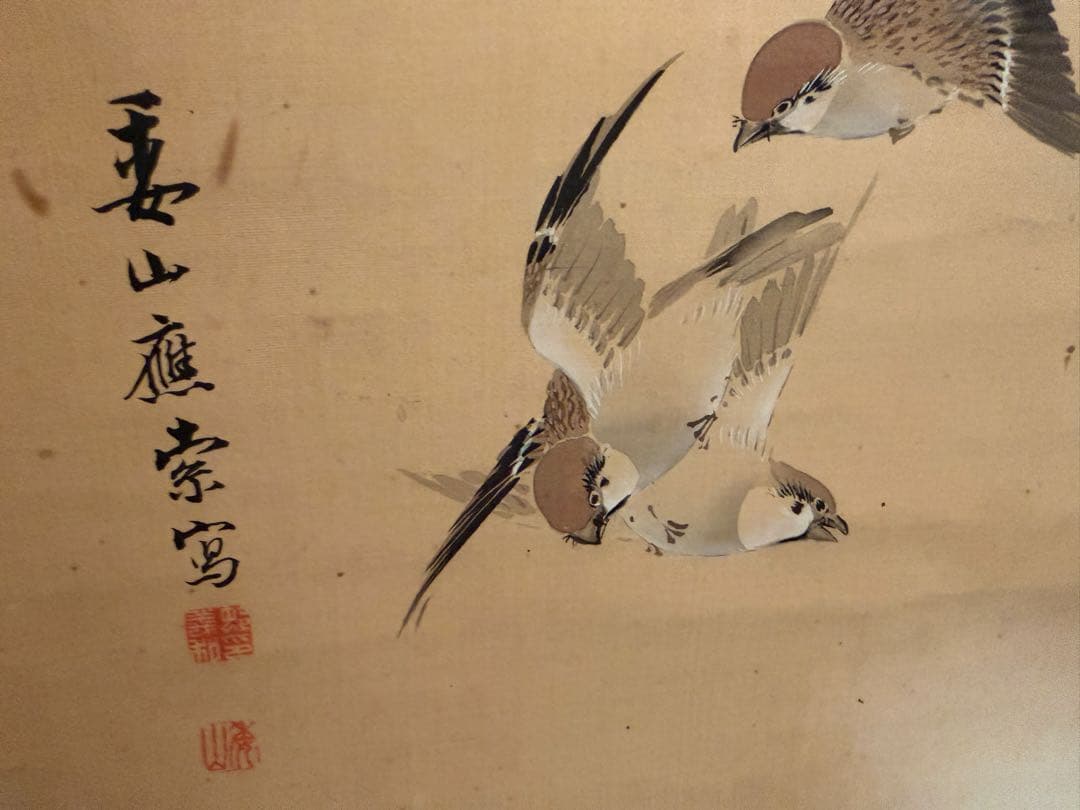 掛け軸　巨匠　委山作品　牡丹？薔薇？と雀　柾目木箱付き！最終破格赤字大処分品❗️