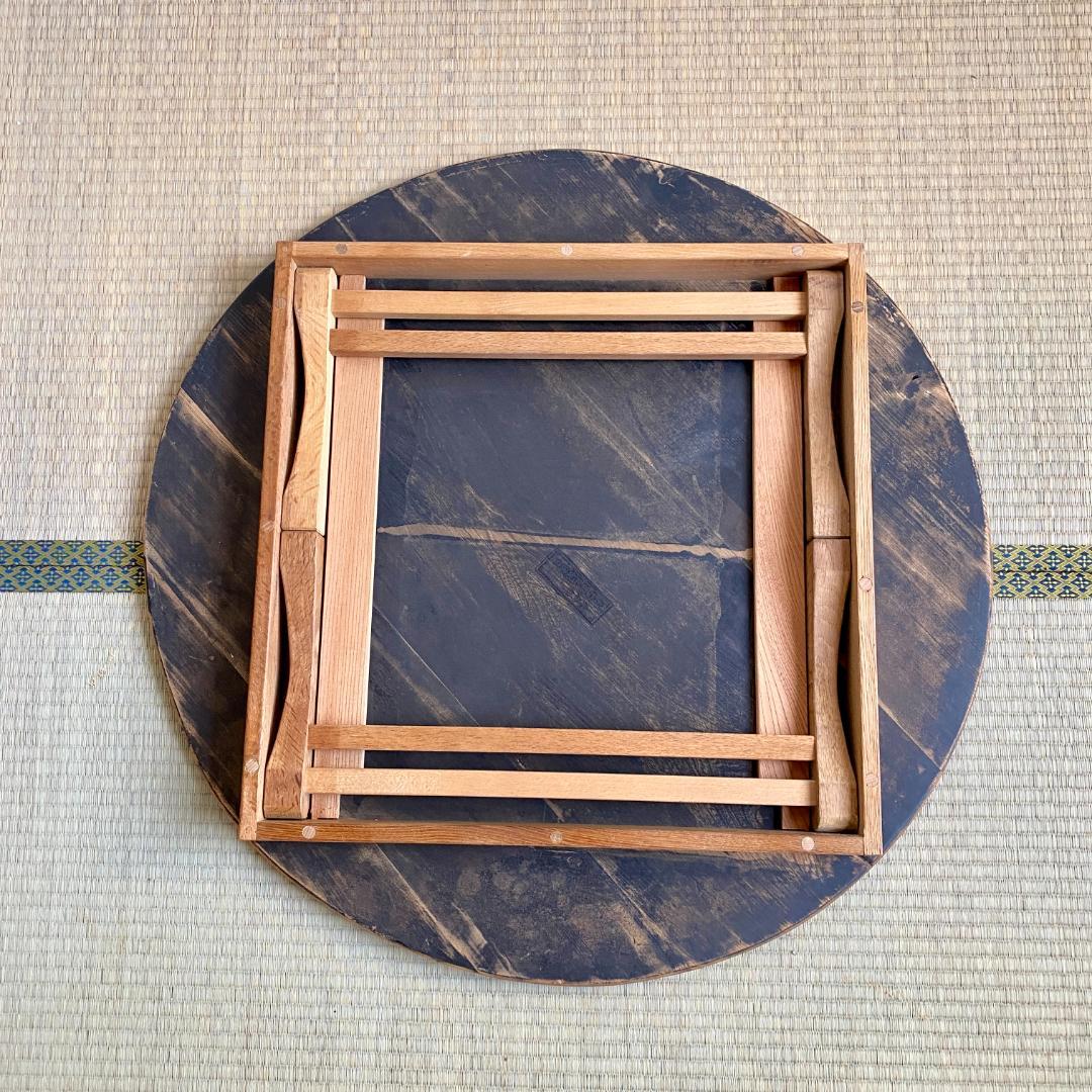 昭和レトロ ちゃぶ台 直径87cm 無塗装 無垢材 建具屋製 折りたたみ ④