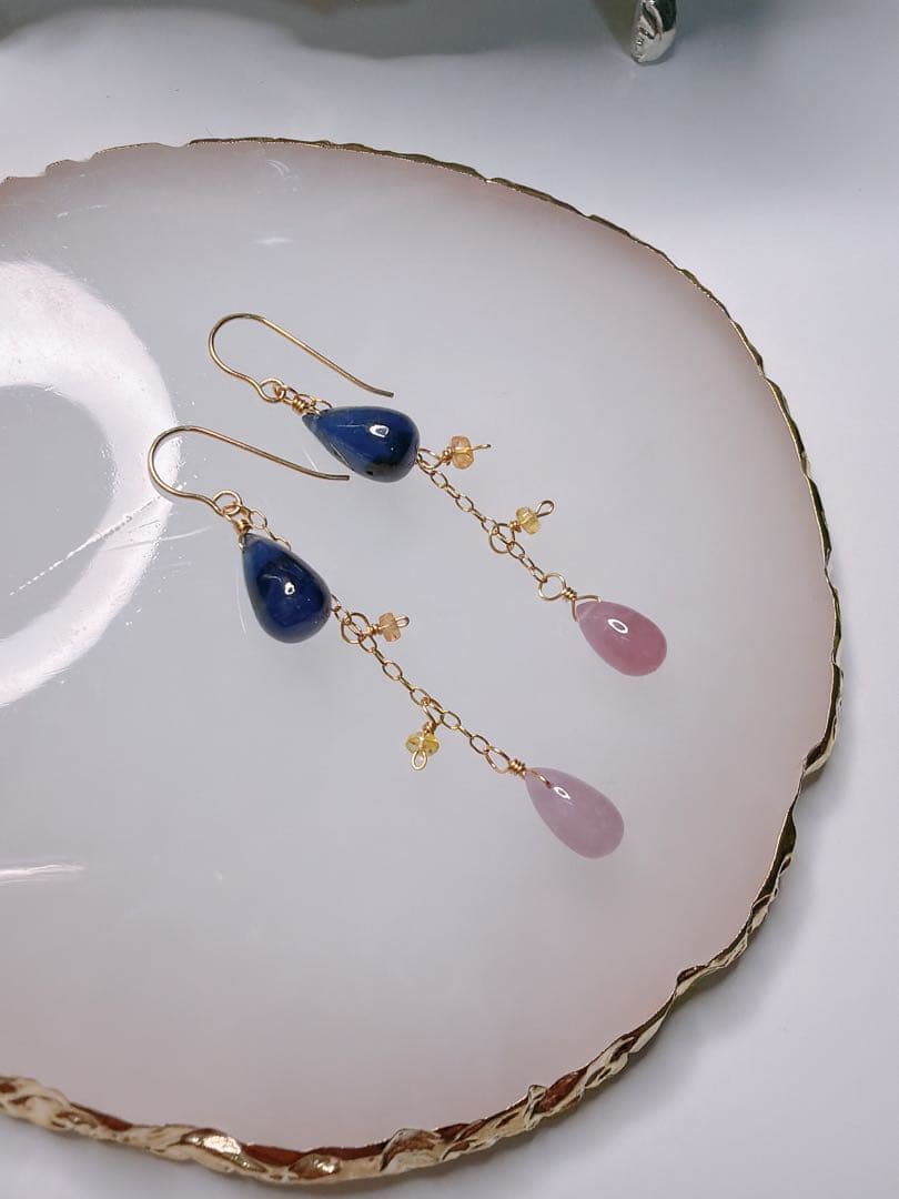 サファイア　ロングピアス　ハンドメイド　14kgf