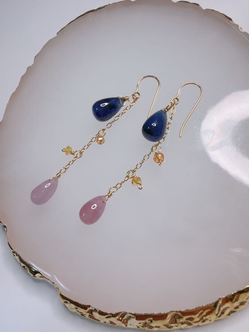 サファイア　ロングピアス　ハンドメイド　14kgf