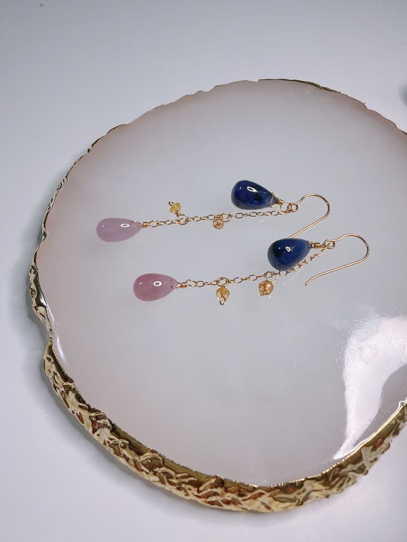 サファイア　ロングピアス　ハンドメイド　14kgf