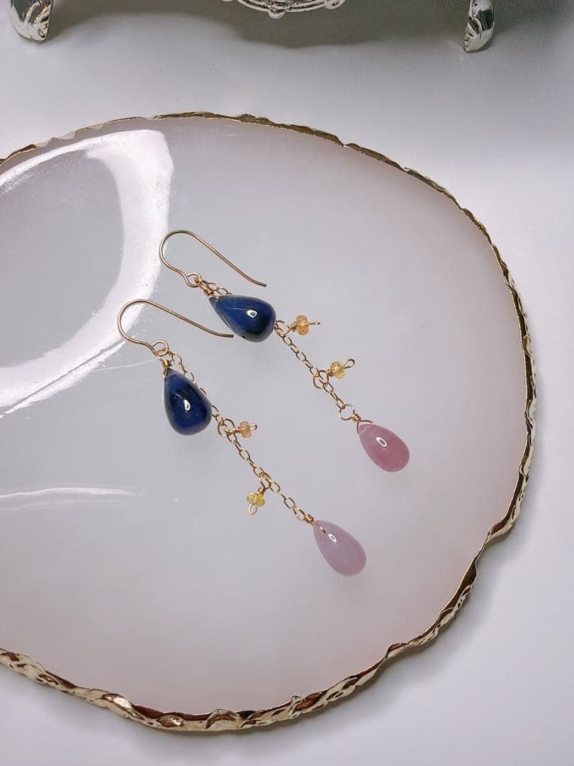 サファイア　ロングピアス　ハンドメイド　14kgf