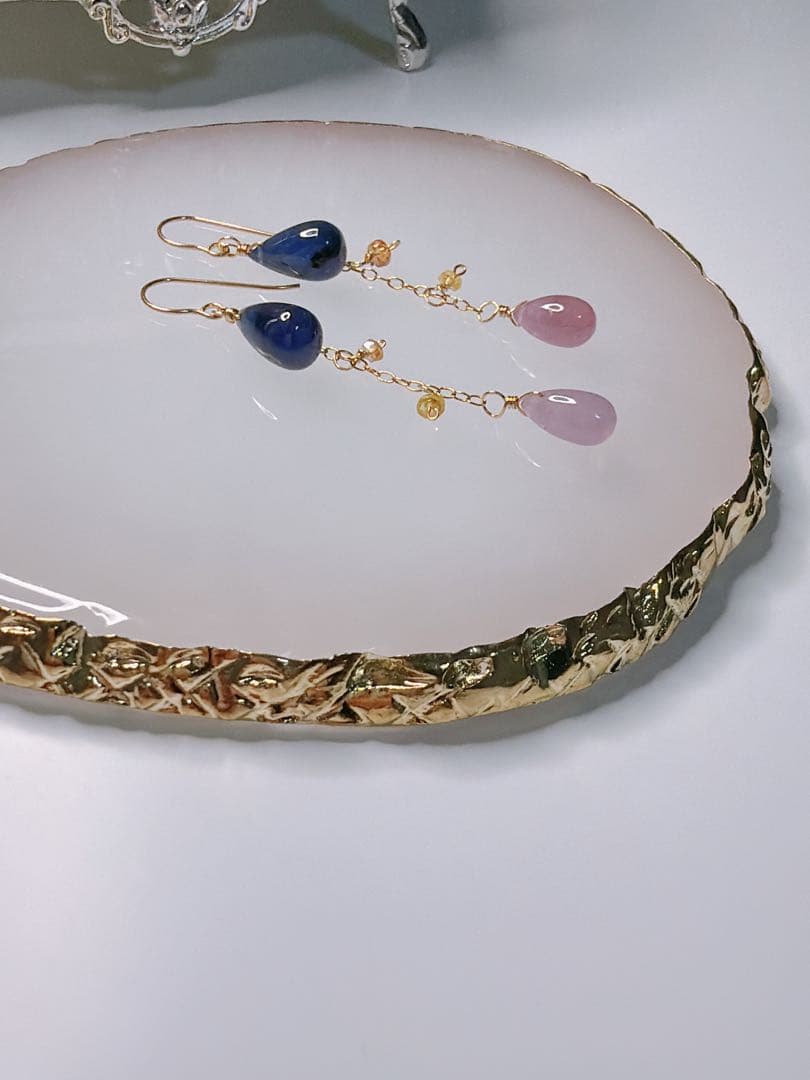 サファイア　ロングピアス　ハンドメイド　14kgf