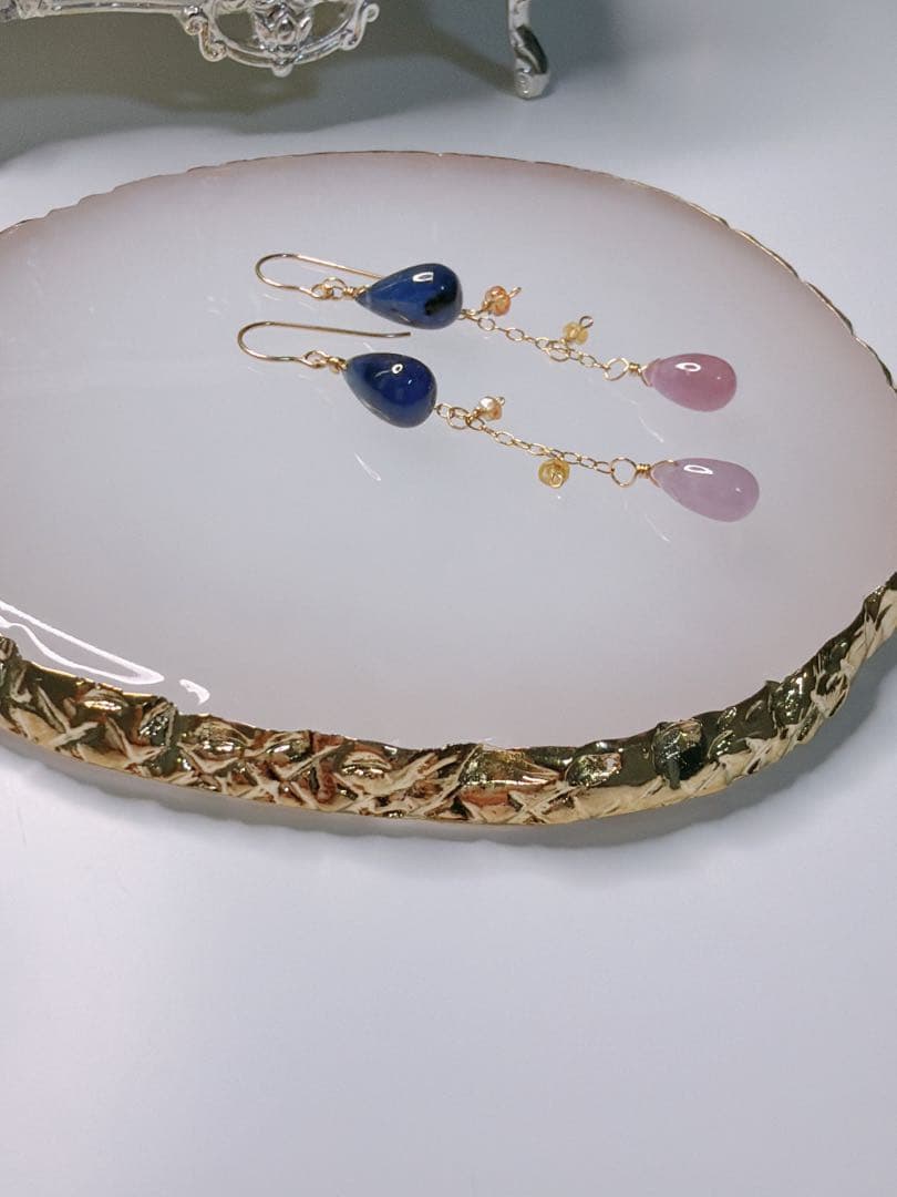 サファイア　ロングピアス　ハンドメイド　14kgf