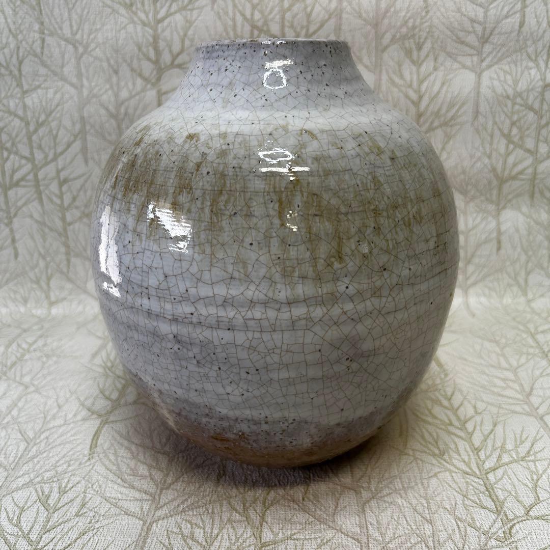【萩焼 白萩 貫入 丸壺 花入 約23cm 無銘 大型 花瓶】