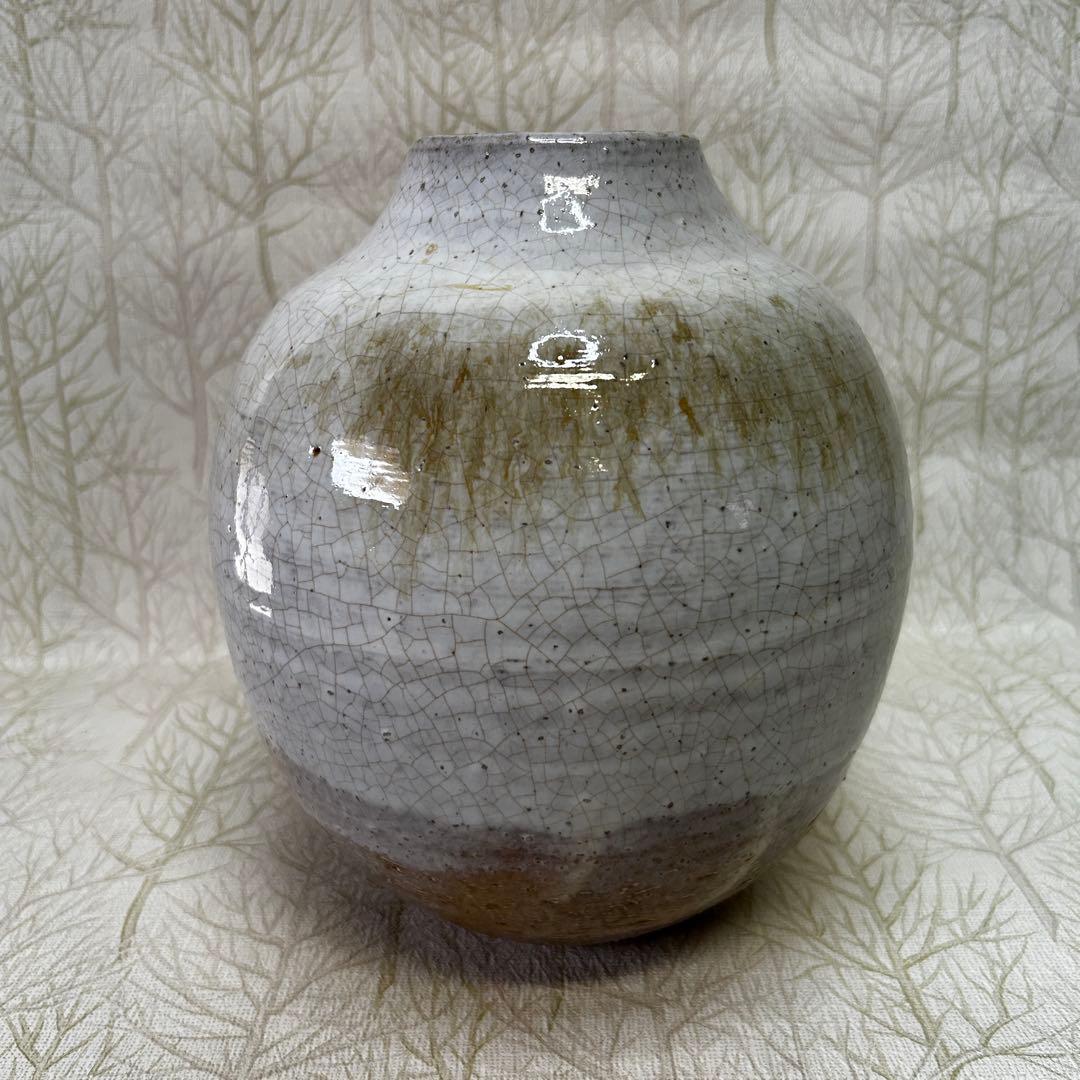 【萩焼 白萩 貫入 丸壺 花入 約23cm 無銘 大型 花瓶】