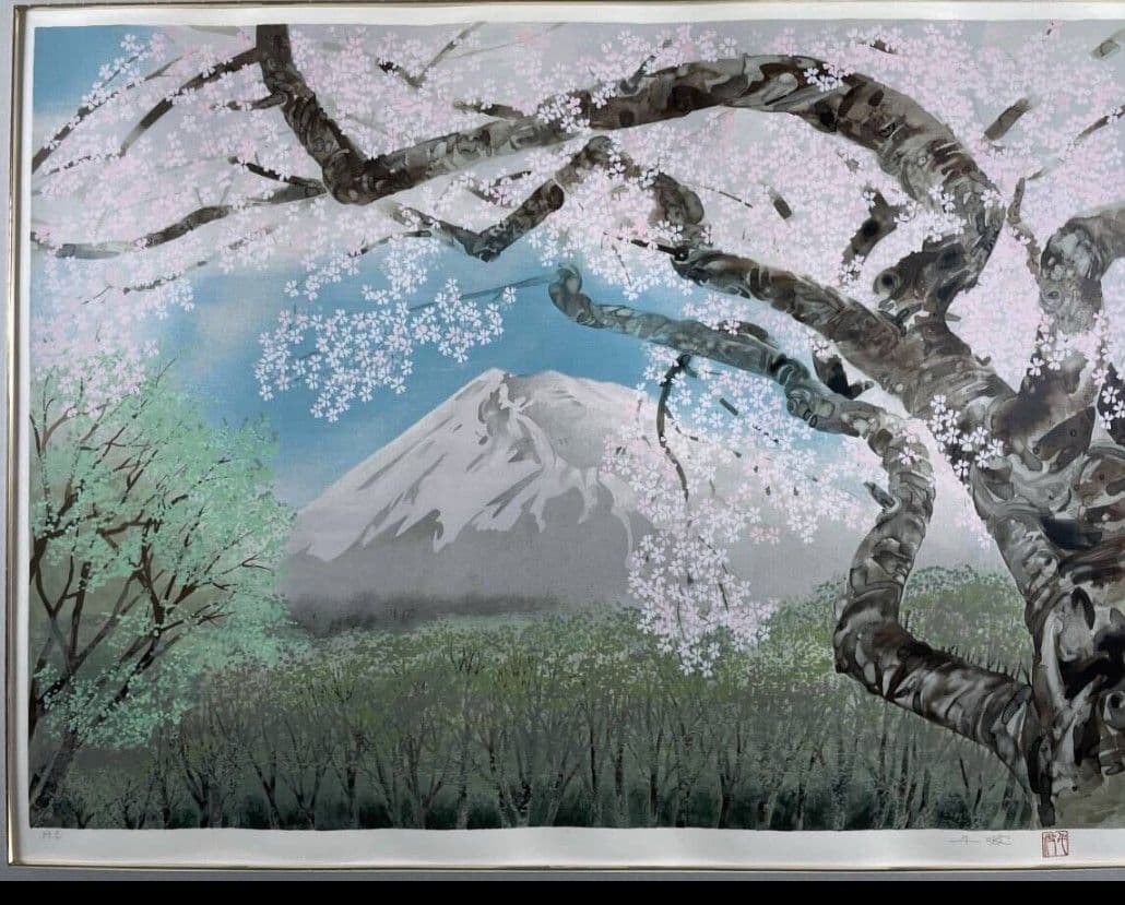 【真作】中島千波 『櫻花霞富士』大判 シルクスクリーン サイン・落款 ★波打あり