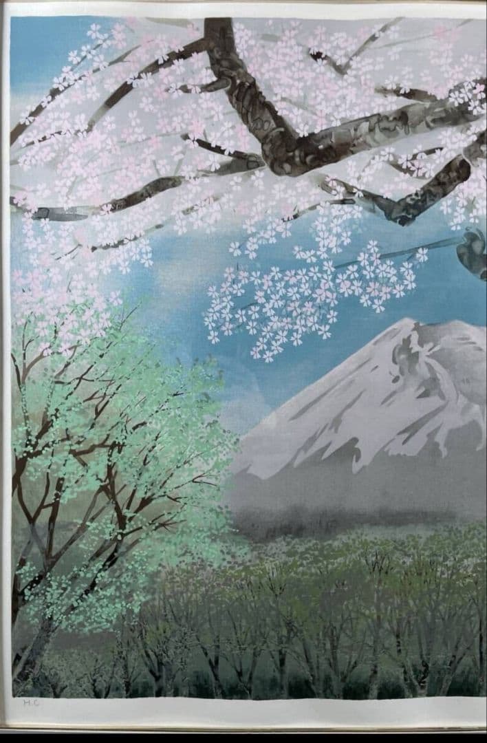 【真作】中島千波 『櫻花霞富士』大判 シルクスクリーン サイン・落款 ★波打あり