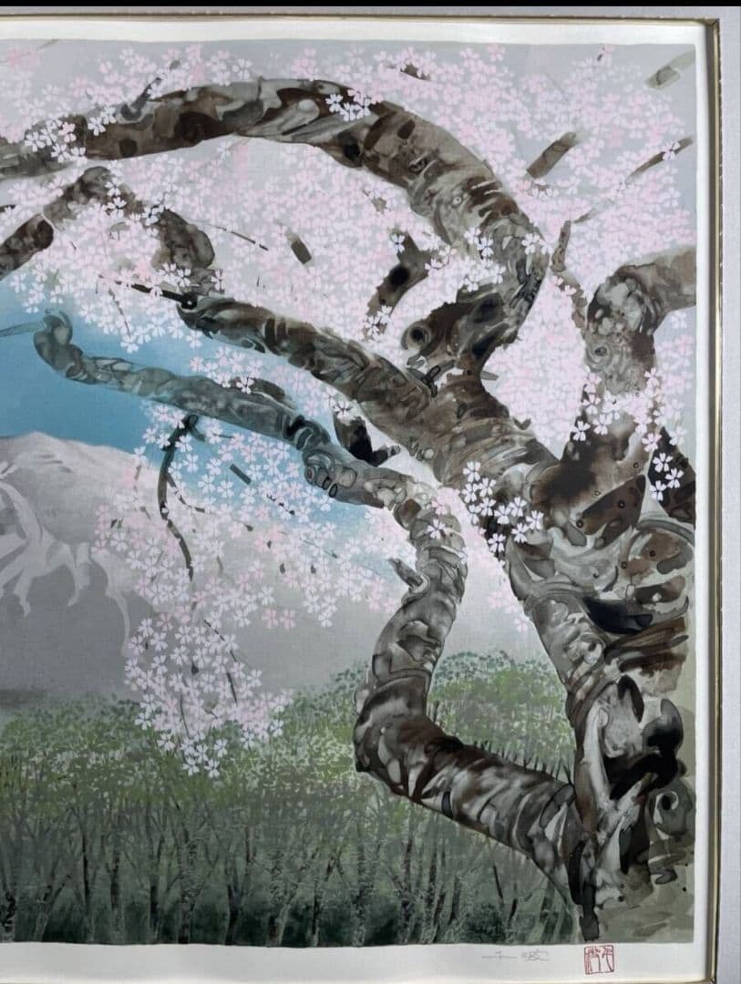 【真作】中島千波 『櫻花霞富士』大判 シルクスクリーン サイン・落款 ★波打あり