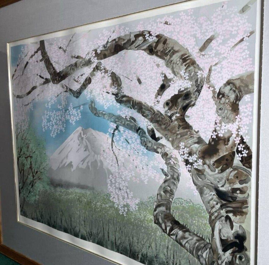 【真作】中島千波 『櫻花霞富士』大判 シルクスクリーン サイン・落款 ★波打あり
