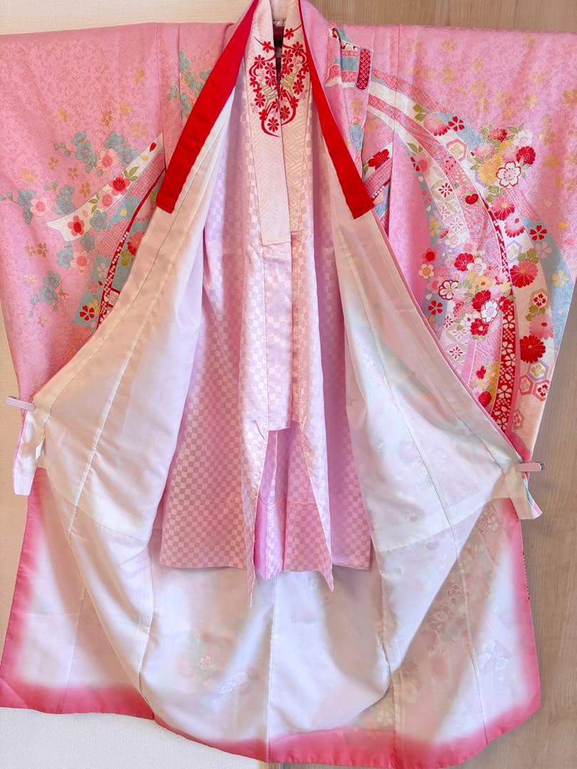 七五三 7歳 正絹着物 ピンク 四季花 束熨斗M2509021