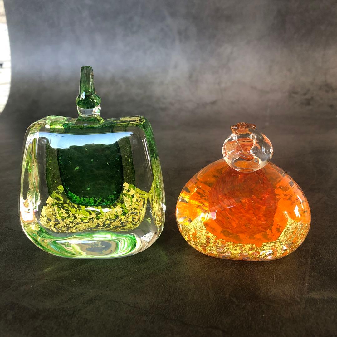 ⑧おひなさま　ガラスのお雛様　緑とオレンジと金箔　奈良ガラス