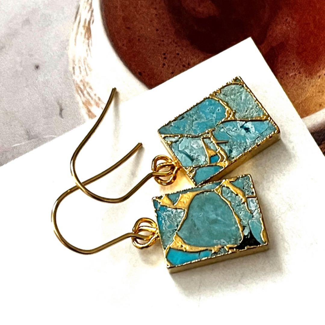 1点作品☆ スクエア枠コッパーターコイズピアス　イヤリングに変更可能☺︎