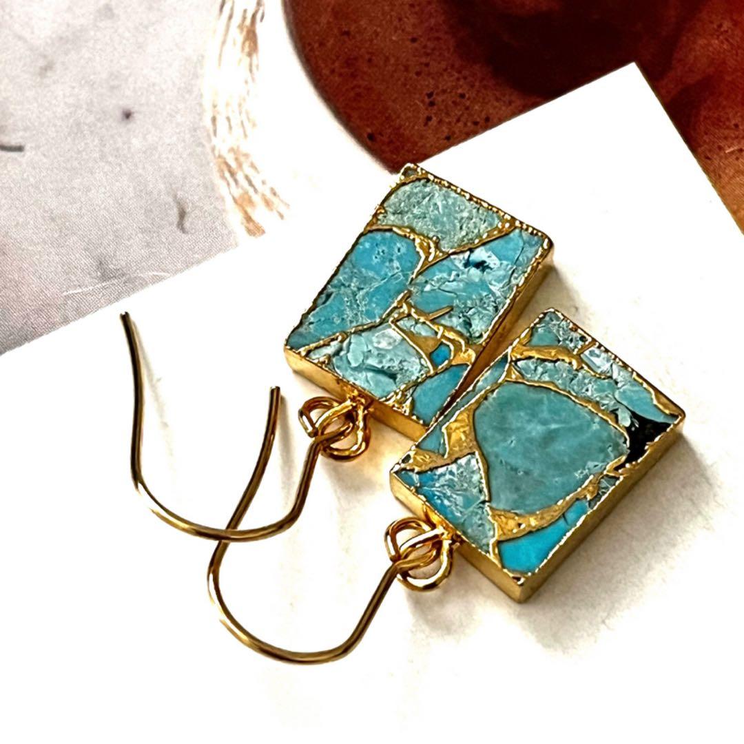 1点作品☆ スクエア枠コッパーターコイズピアス　イヤリングに変更可能☺︎