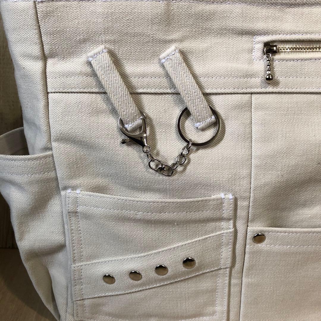 トートバッグ　ハンドメイド　デニムリメイク　アイボリー　両開き【新品デニム】