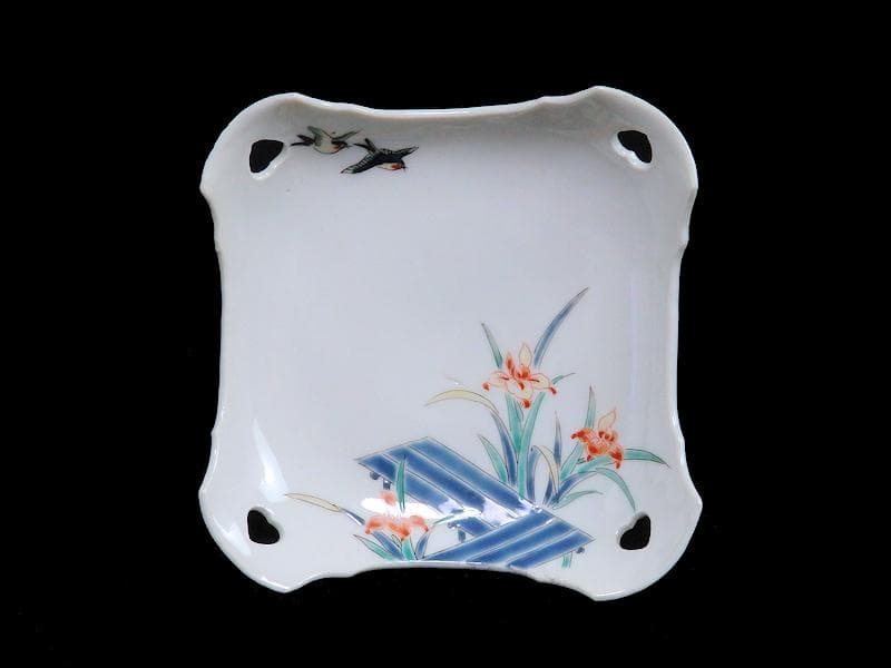 大聖寺伊万里　柿右衛門写　鳥に燕子花の図　四方皿　C669AS-BQh