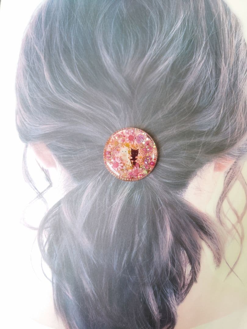 レジン　猫　ヘアゴム　ブローチ　ポニーフック　No.486