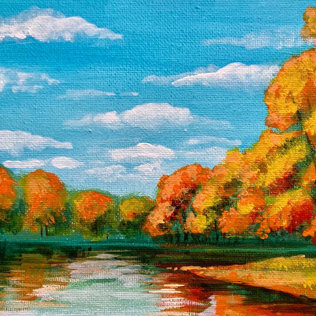 湖に映る秋＊絵画　原画　風景画　芸術　紅葉 現代アート　プレゼント