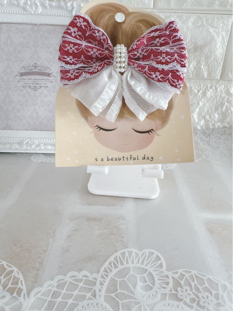 No.16リボンヘアゴム☆ハンドメイド☆サテン　赤☆レースホワイト