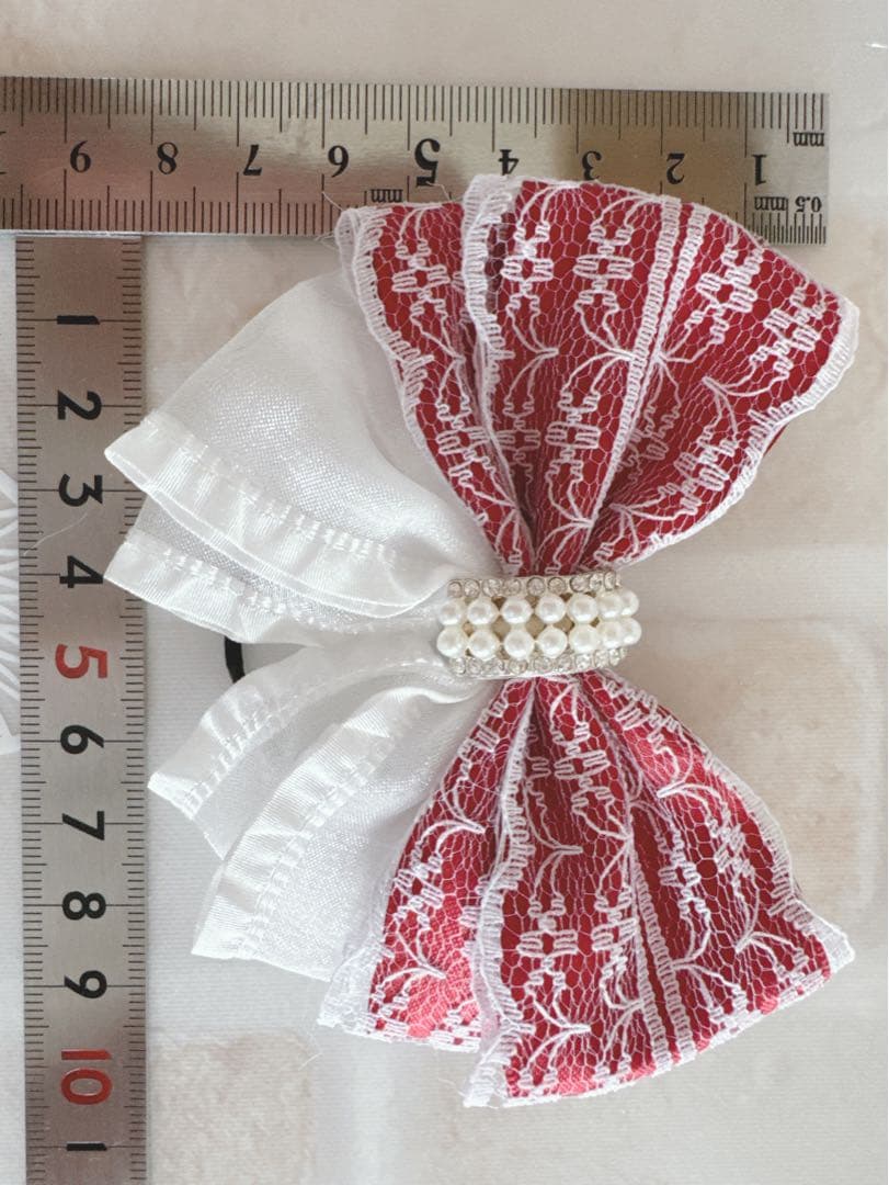 No.16リボンヘアゴム☆ハンドメイド☆サテン　赤☆レースホワイト