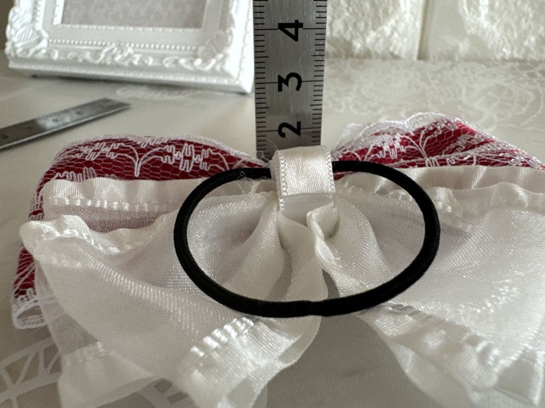 No.16リボンヘアゴム☆ハンドメイド☆サテン　赤☆レースホワイト