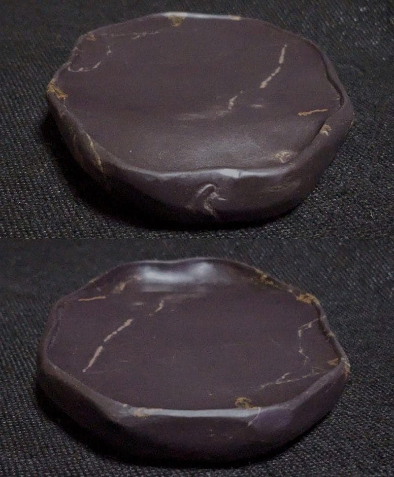 【端渓・葉脈文天成硯】◆金線・冰紋の紫黒美石◆唐木共箱◆約5.2吋◆老坑
