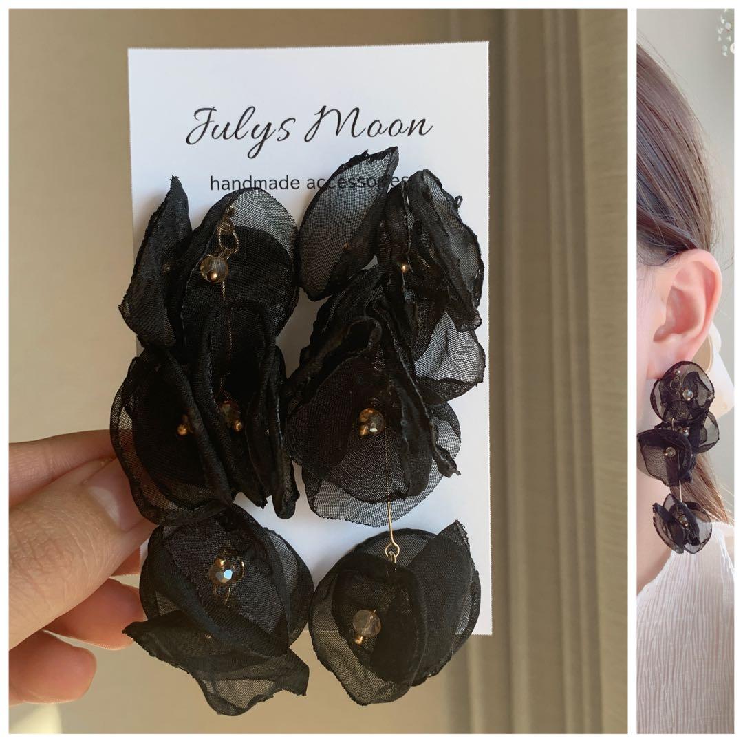 6996アンティークピアスイヤリングゴールド大ぶりフラワーシフォンシンプルお花