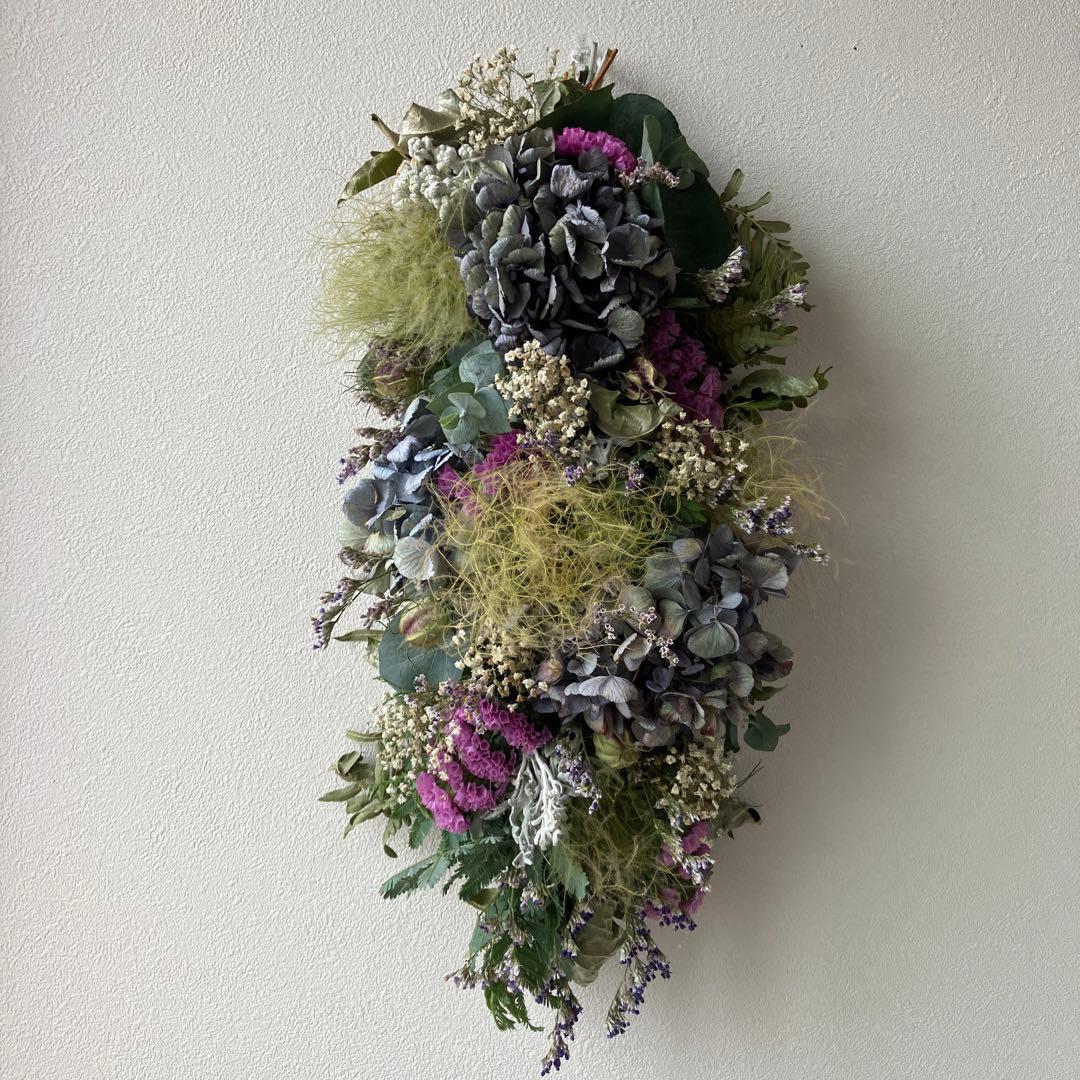 2Wayアンティーク紫陽花とベリースターチスの縦長ガーランド　スモークツリー