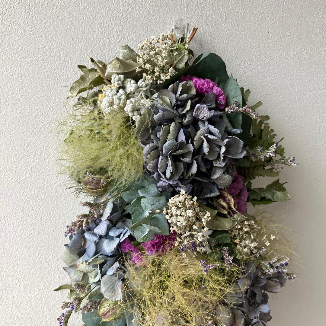 2Wayアンティーク紫陽花とベリースターチスの縦長ガーランド　スモークツリー