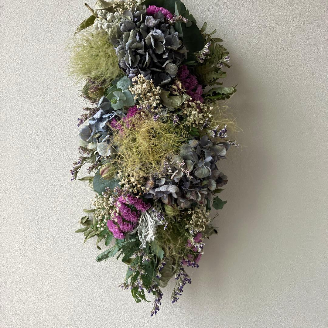 2Wayアンティーク紫陽花とベリースターチスの縦長ガーランド　スモークツリー