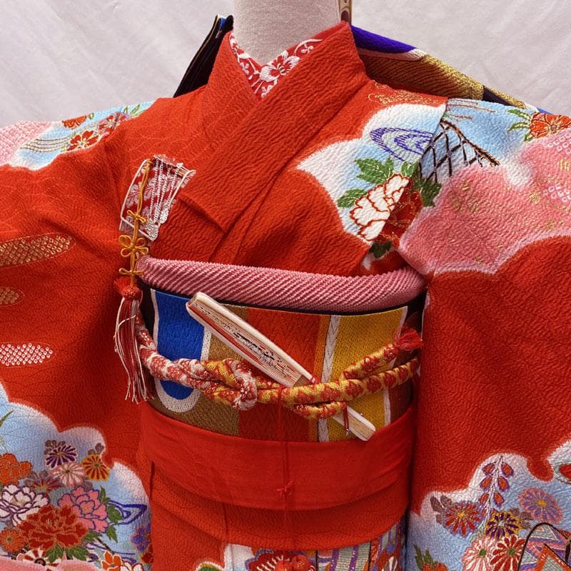 505ag6◎七五三 七歳 女児 着物&袋帯 総絞り風 金駒刺繍 雪輪 赤◎