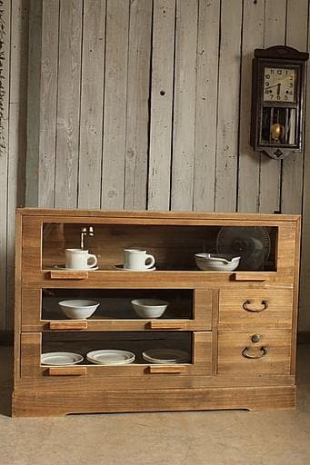 前面ガラスの引き出し3段×小引き出し2段　食器棚　シャツケース　タンス　古家具