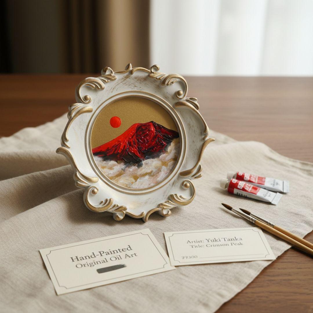 【真作】油絵『旭日赤富士』額装付き 縁起物 厄除け 運気上昇 風水