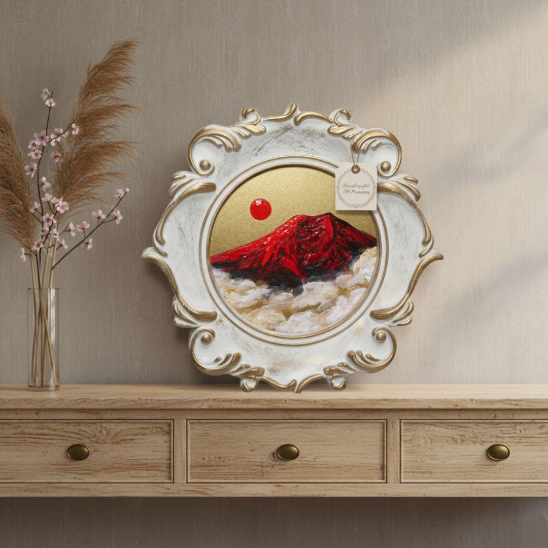 【真作】油絵『旭日赤富士』額装付き 縁起物 厄除け 運気上昇 風水