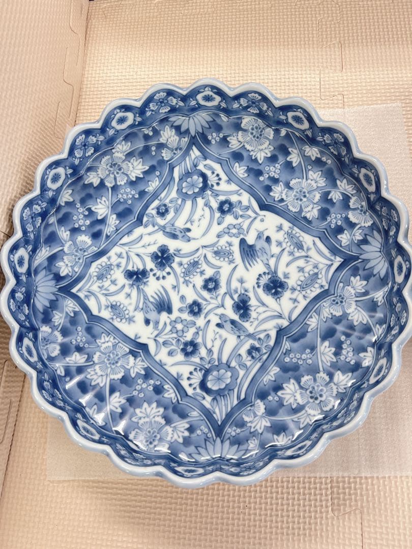 龍峯窯 青と白の花柄波型皿セット