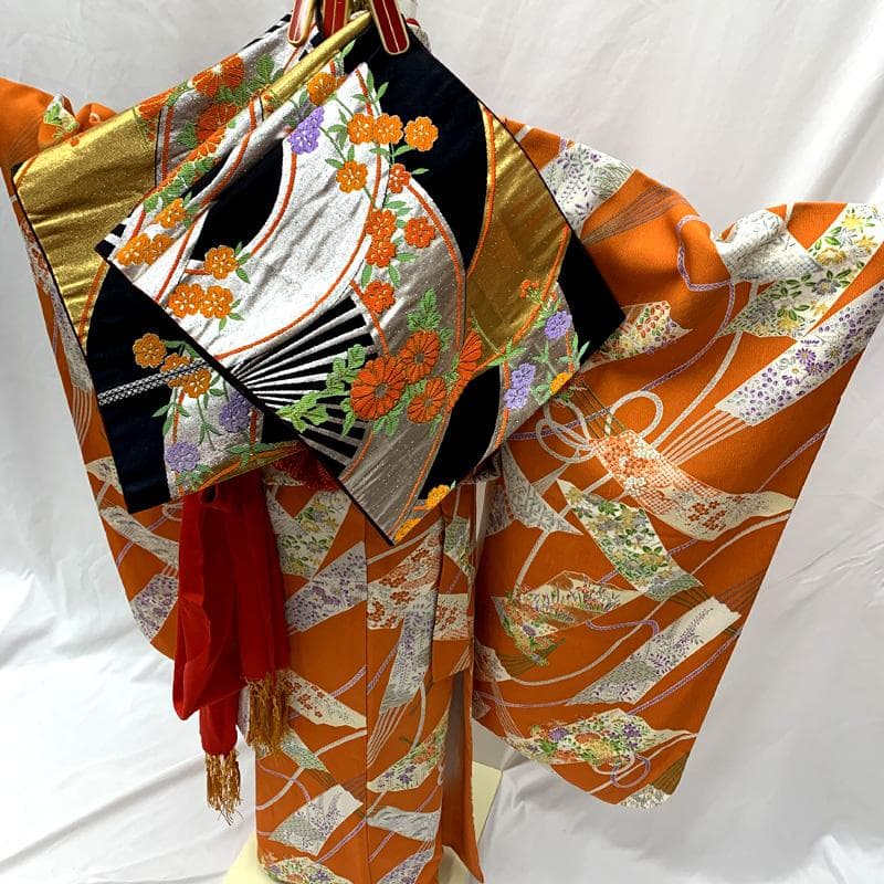 512ag33□七五三 七歳 女児 着物&袋帯 ちりめん地 扇 オレンジ□美品