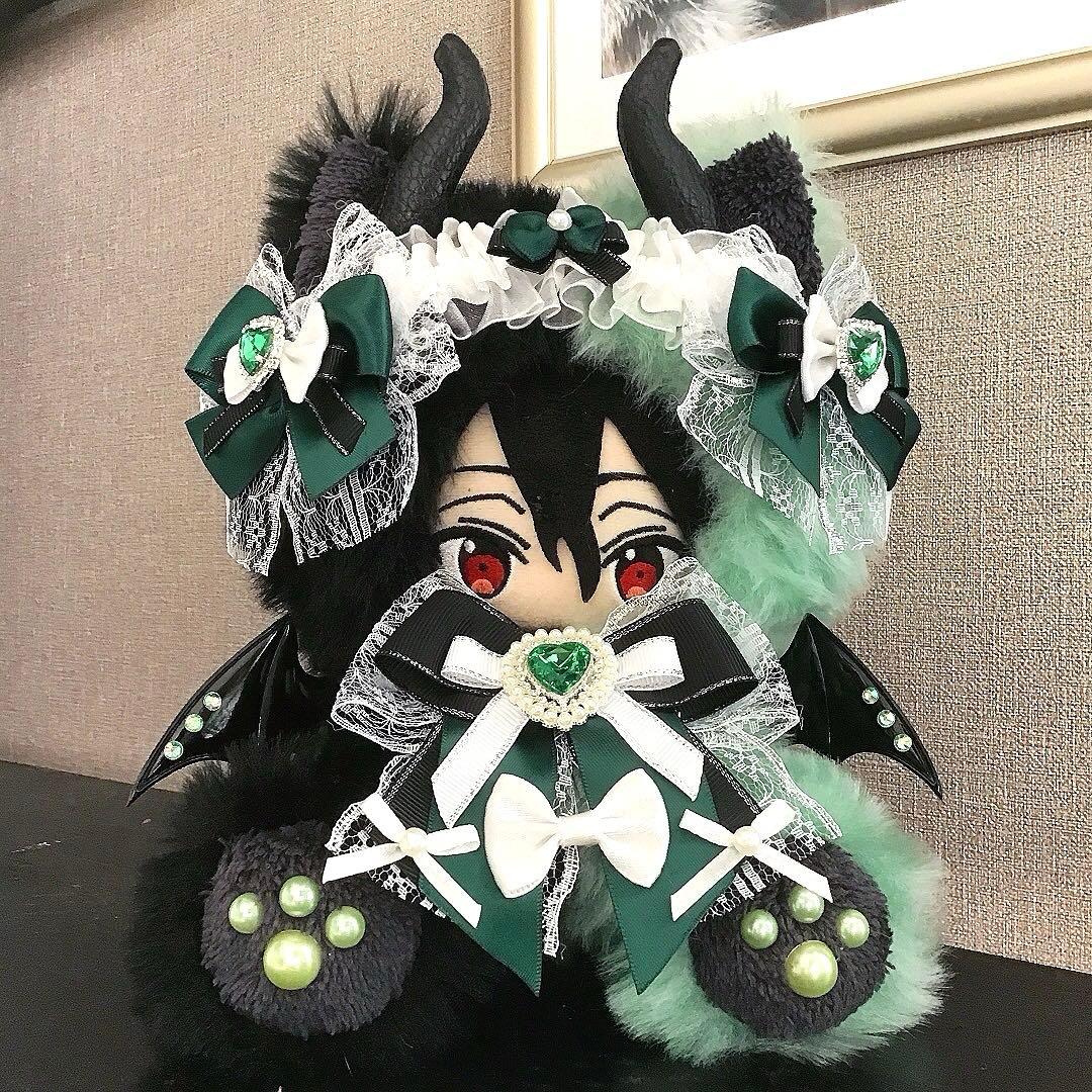 【118】猫　デビル　ミント&黒　おすわり　ぬい服　16cm 着ぐるみ