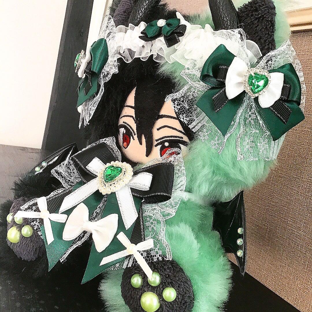 【118】猫　デビル　ミント&黒　おすわり　ぬい服　16cm 着ぐるみ