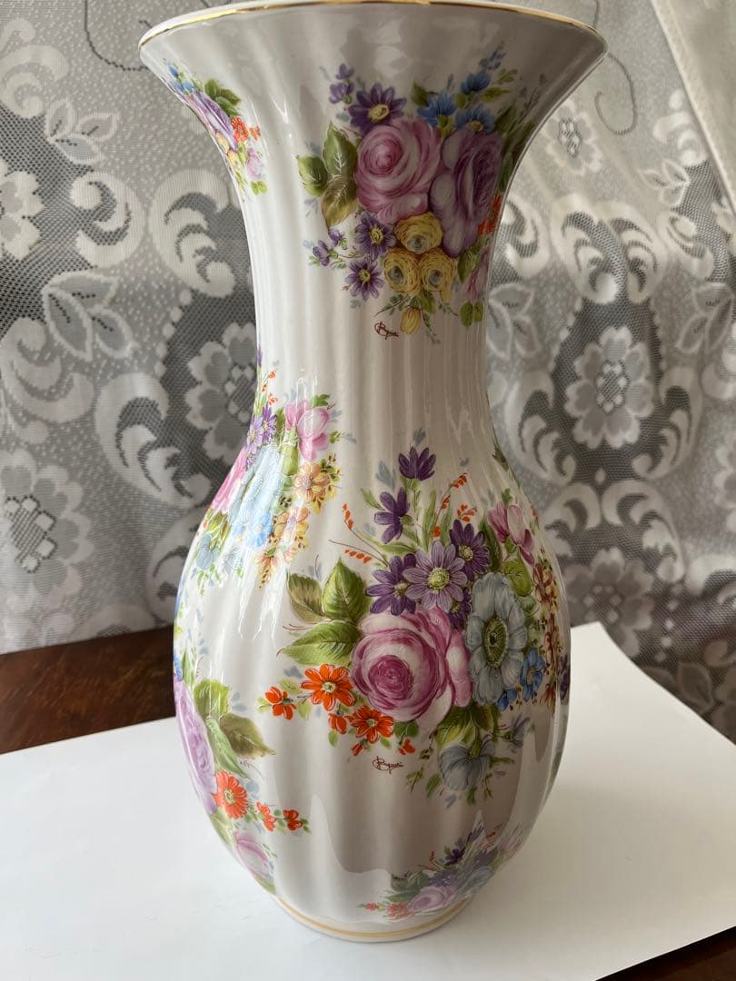 イタリア製　花びん　大型　磁器　セラミック　花模様　ビンテージ　36cm 美品