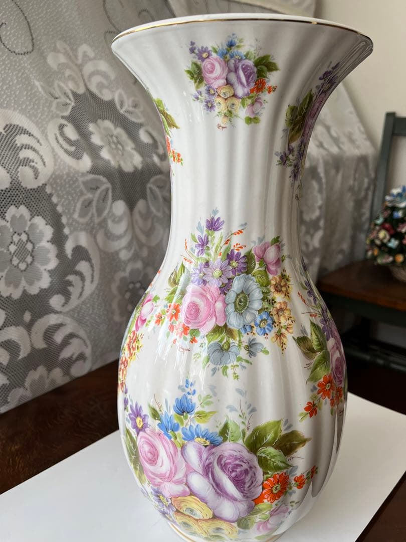 イタリア製　花びん　大型　磁器　セラミック　花模様　ビンテージ　36cm 美品
