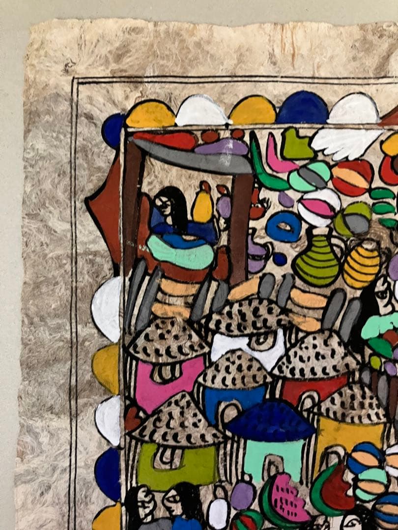 手描き抽象画 村の風景　カラフルなメキシコの民俗画　村の生活を描いたアート