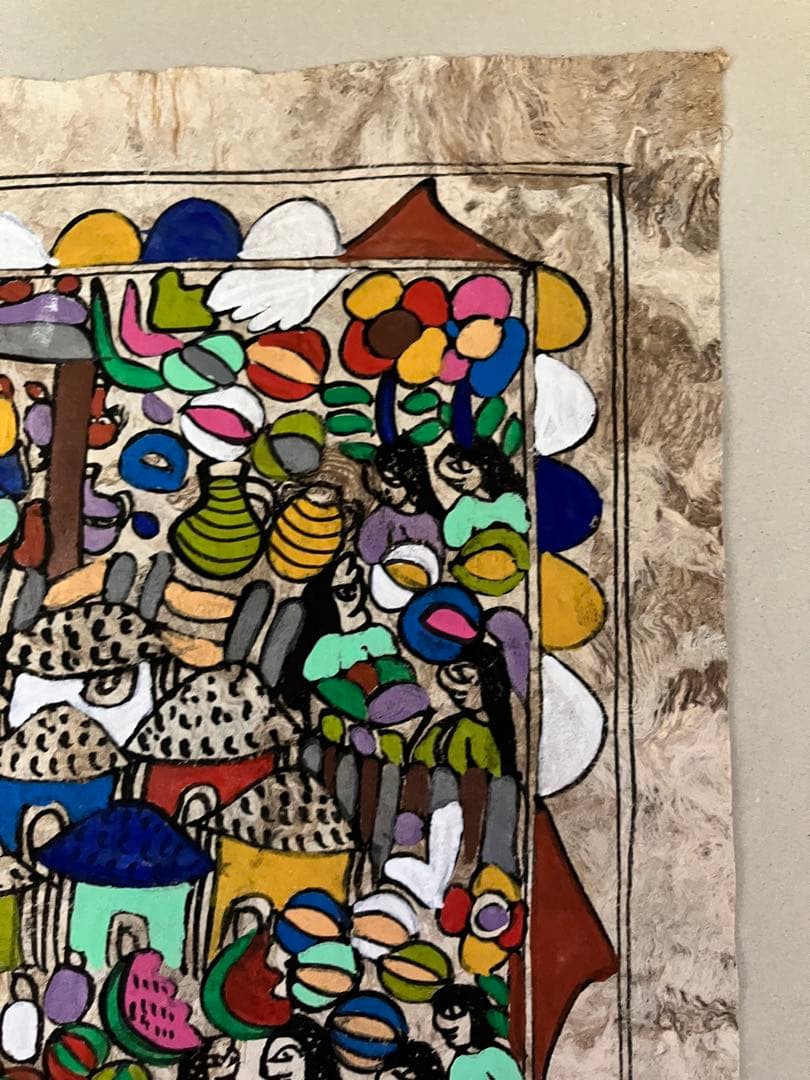 手描き抽象画 村の風景　カラフルなメキシコの民俗画　村の生活を描いたアート