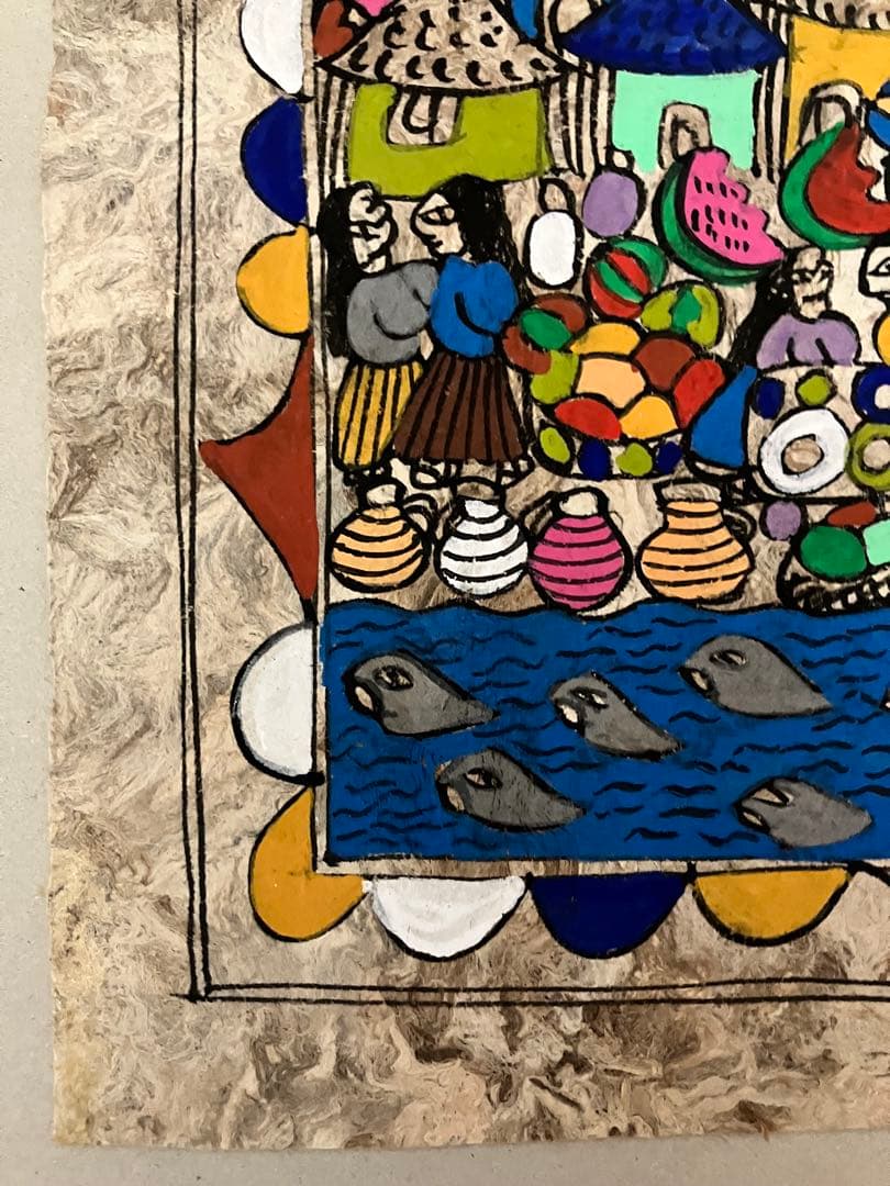 手描き抽象画 村の風景　カラフルなメキシコの民俗画　村の生活を描いたアート