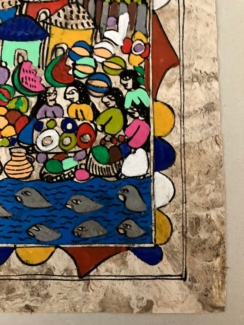 手描き抽象画 村の風景　カラフルなメキシコの民俗画　村の生活を描いたアート