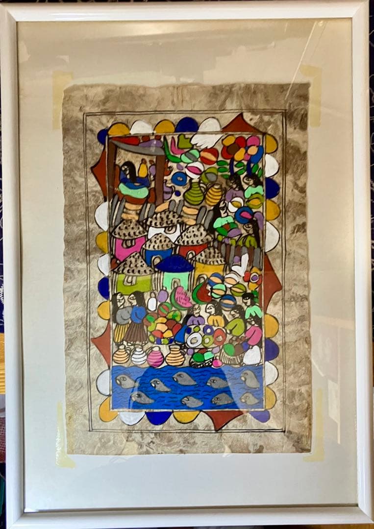 手描き抽象画 村の風景　カラフルなメキシコの民俗画　村の生活を描いたアート