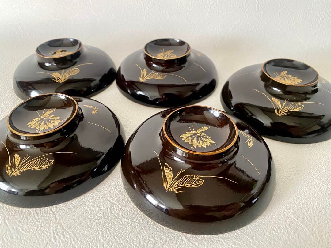 アンティーク 天然木 輪島塗 沈金 蓋付 汁椀 お椀 茶系 5客 懐石料理